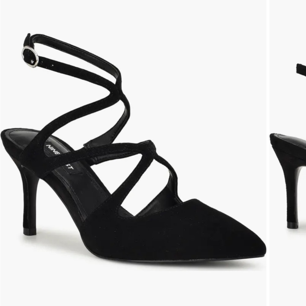 New in Box Nine West Maes Ankle Strap Pointed Toe Pump 6.5 in Black Suede